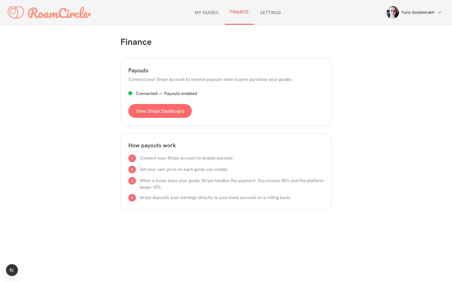 RoamCircle finance page showing Stripe connected and payouts enabled