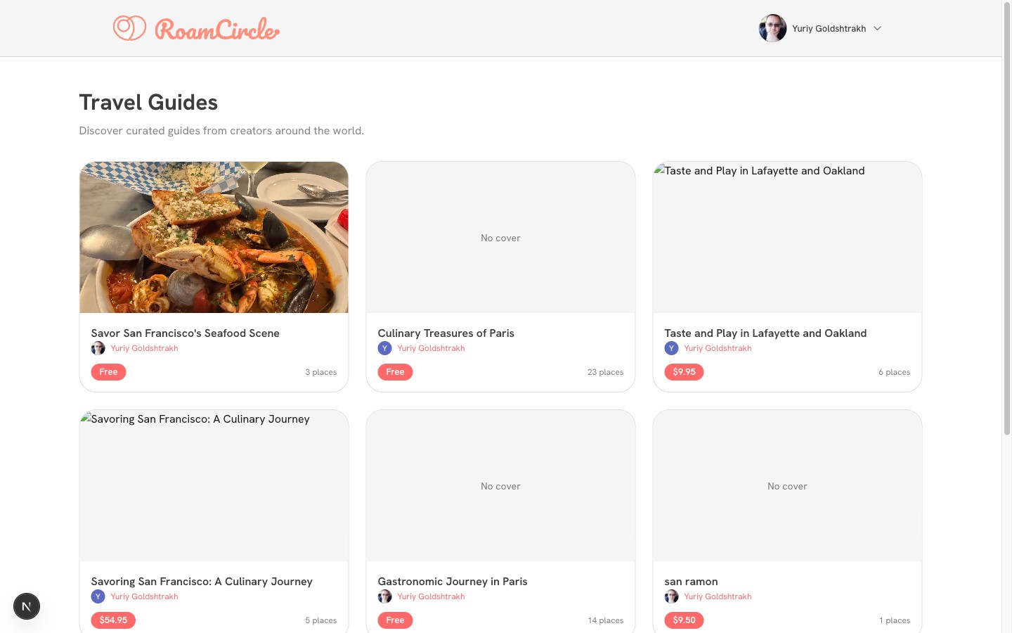 RoamCircle store showing travel guides for sale with prices and place counts